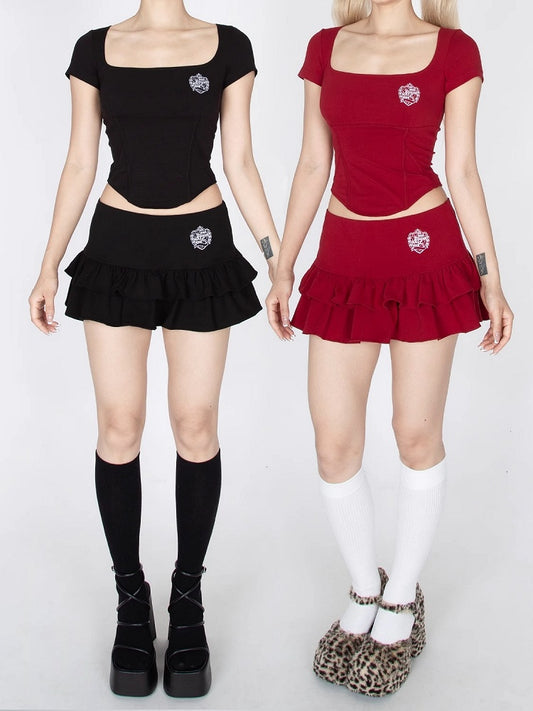 レッド/ブラック ローウエスト ティアードフリル グラマラス ミニスカート