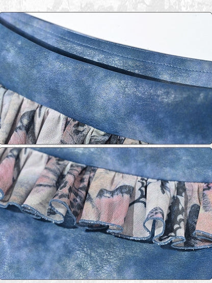 Grunge Punk Rock Fairy Style Blue Butterflies Tiered Ruffles Asymmetrical Hem Patchwork Skirt