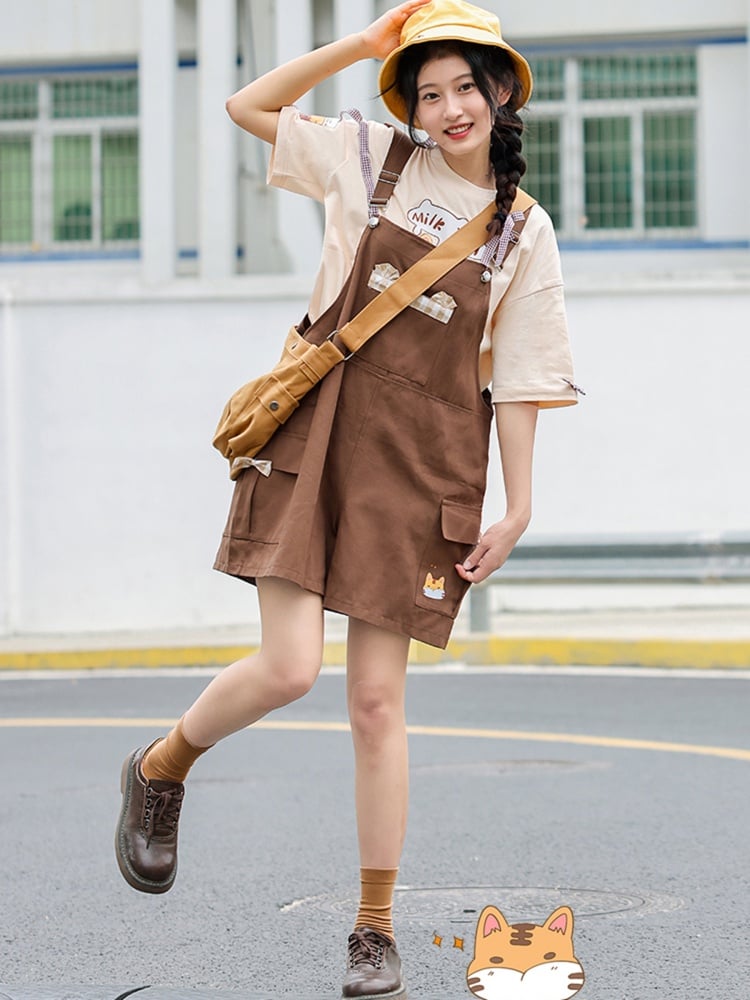 Brown Cargo Pockets Bowknot Detail Overall Shorts