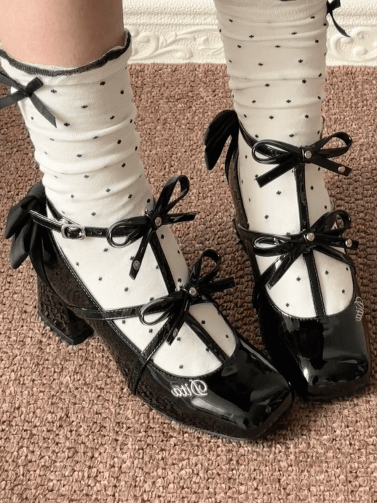 Poliert T-Riemen Akzente Schuhe Design Schleife Mitte Heels Zehe Quadrat Elegante Schwarze Lolita mit