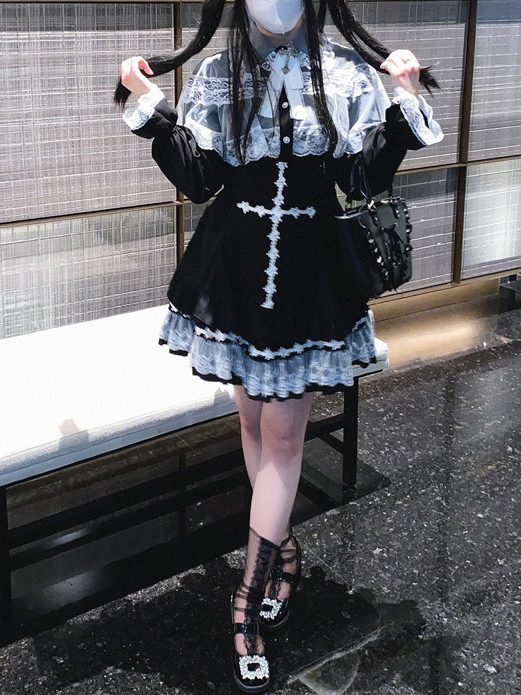 Jirai Kei White&Black/All Black Lace Cape Design Landmine Style Blouse