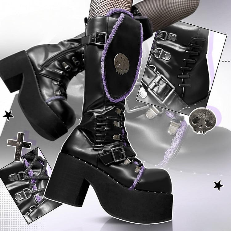 Black Purple Punk Bunny Ear Gothic Platform Block Heel Boots