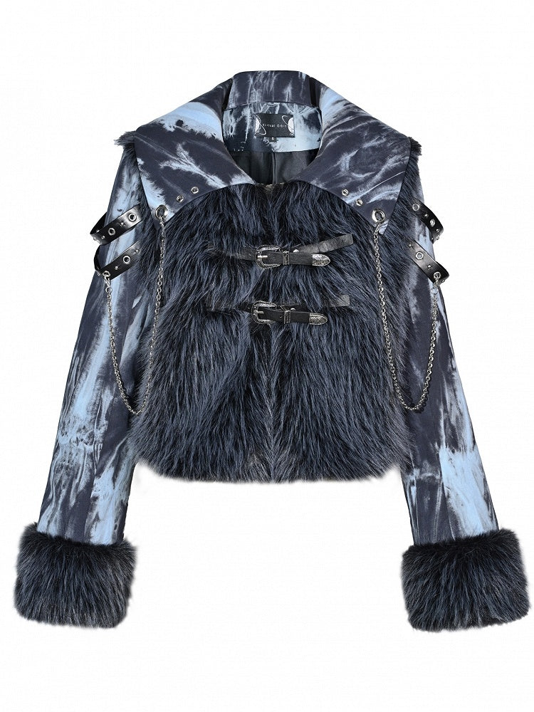 Grunge Punk Rock Blue Faux Fur Patchwork Jacket Chain Detail