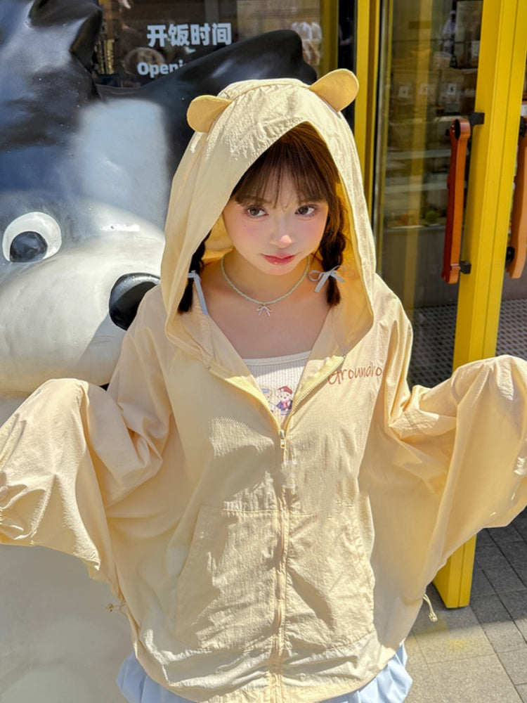 Jacket Sun Protection Drawstring Yellow Marmot Ear Design Hood Hem