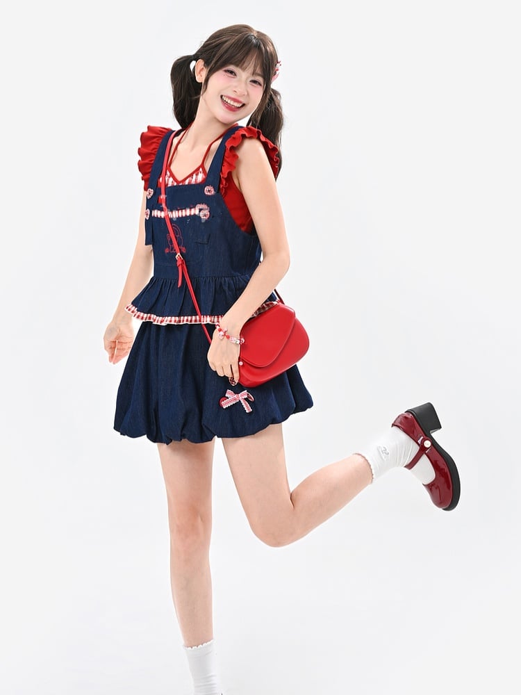 Red Plaid Hem Kitty Embroidery Buttons Heart Blue Sleeveless Top