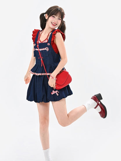 Red Plaid Hem Kitty Embroidery Buttons Heart Blue Sleeveless Top