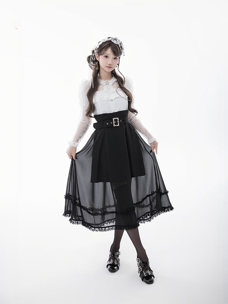 Blouse+Bow Tie White Illusion Neckline Juliette Sleeves Jirai Kei Lace