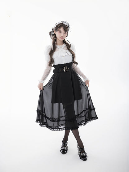 Blouse+Bow Tie White Illusion Neckline Juliette Sleeves Jirai Kei Lace