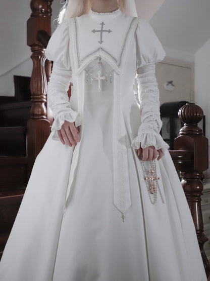 Halloween Kreuzärmeliges Juliette Stickerei Weißes Hammelkeulenkleid / Outfits Nonne Lolita