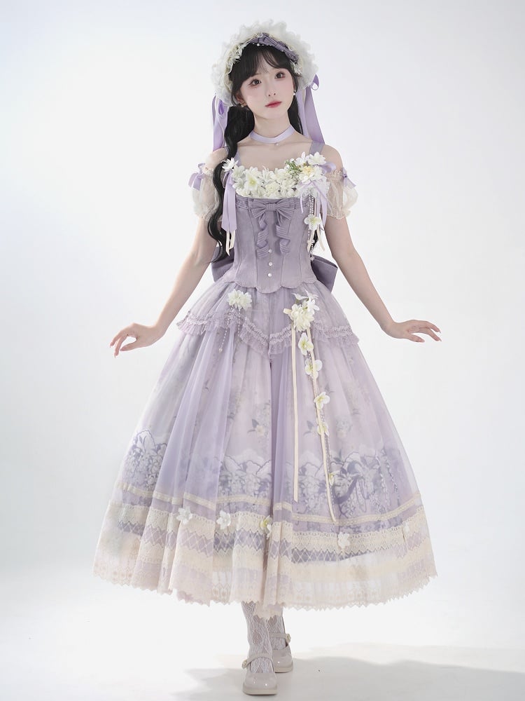 Classic Long Skirt Lolita Decoration + Jasmine Top Print Set Purple Corset Floral