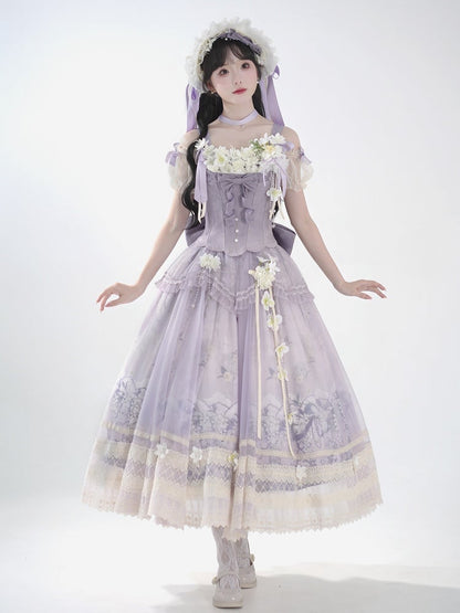 Classic Long Skirt Lolita Decoration + Jasmine Top Print Set Purple Corset Floral