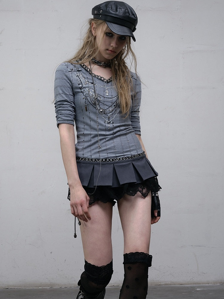 Pattern Long V-neck Rhinestone Striped Pink/Blue Sleeves Punk Design Top Necklace Wasteland