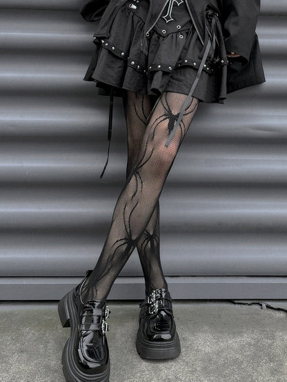 Gothic Punk Black Spiders Pattern Fishnet Tights