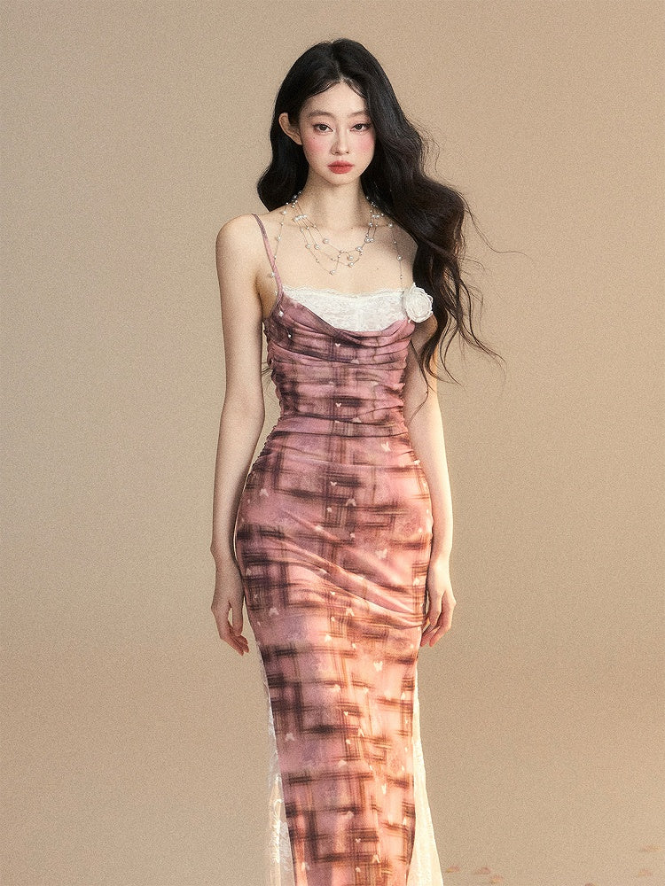 Slip Dress Lace Patches Slim-fitting Slit Brick Red Side