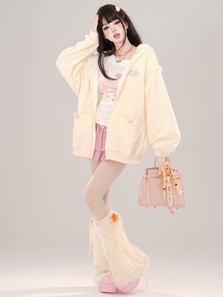 Blue/Apricot Bunny Ears Lace Trim Zip Hoodie