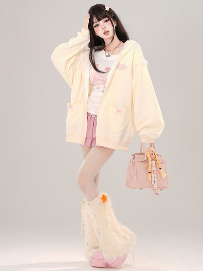 Blue/Apricot Bunny Ears Lace Trim Zip Hoodie