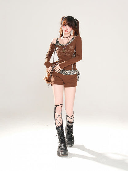 Gyaru Fashion Brown Leopard Pattern V-neck Sports Glamorous Top Faux Two-pieces