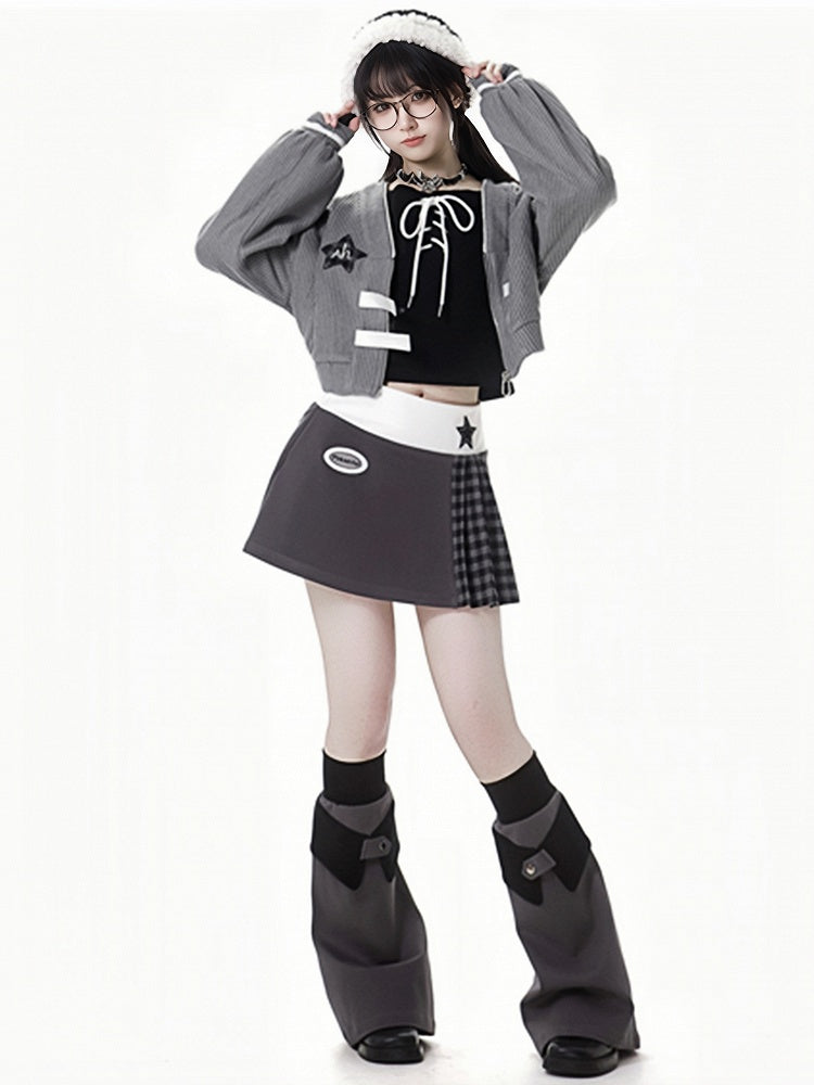 Grey Star Decorated Zip Closure Knitted Cardigan