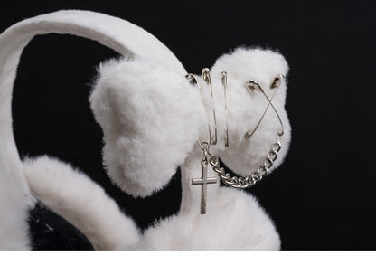 White Handmade Crossand Pins Plush Bone Earmuffs