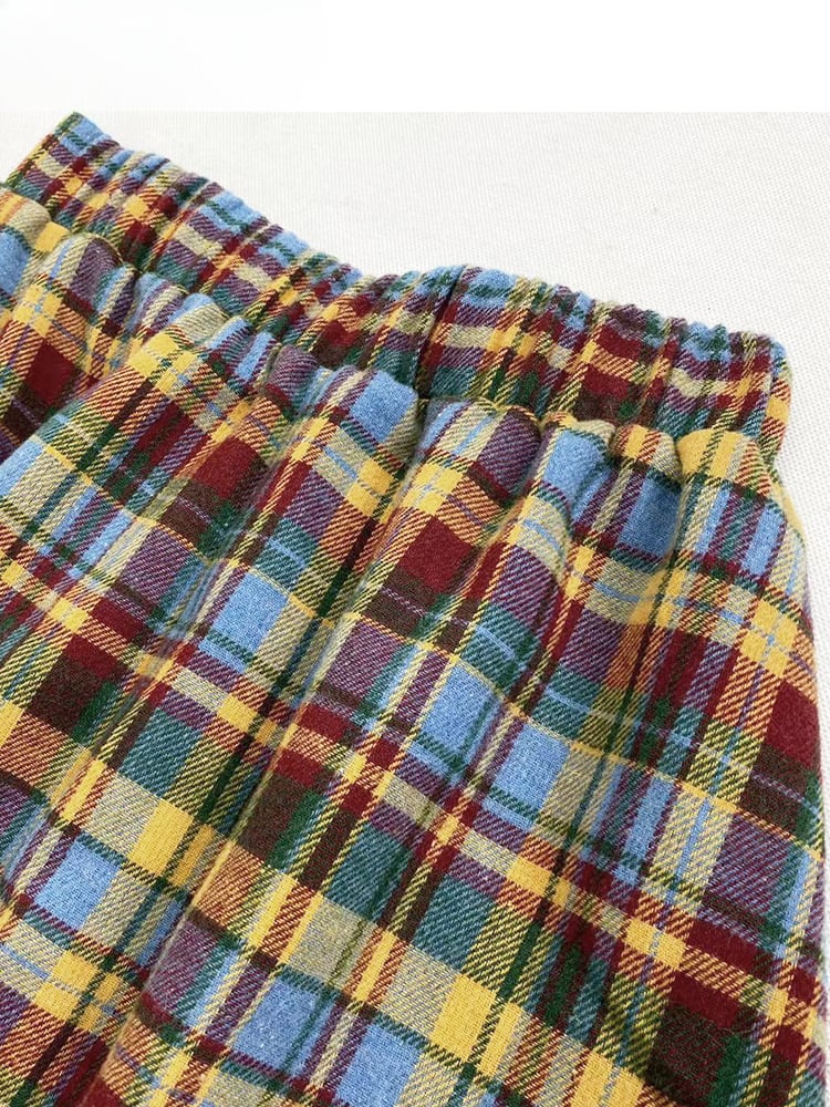 Rainbow Plaid Pompons Hem Midi Length Vintage Skirt