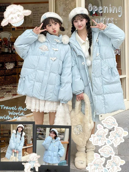 Blue Cute Lamb Applique Bowknot Details Hooded Down Coat Long Version