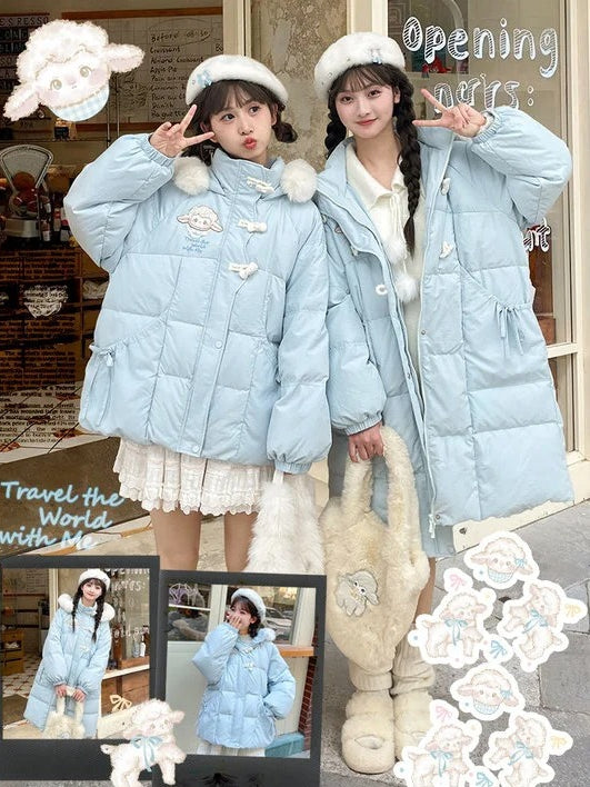 Blue Cute Lamb Applique Bowknot Details Hooded Down Coat Long Version