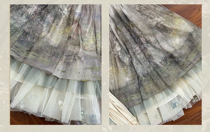Jupe Lolita en tulle à imprimé floral et peinture à l'huile verte