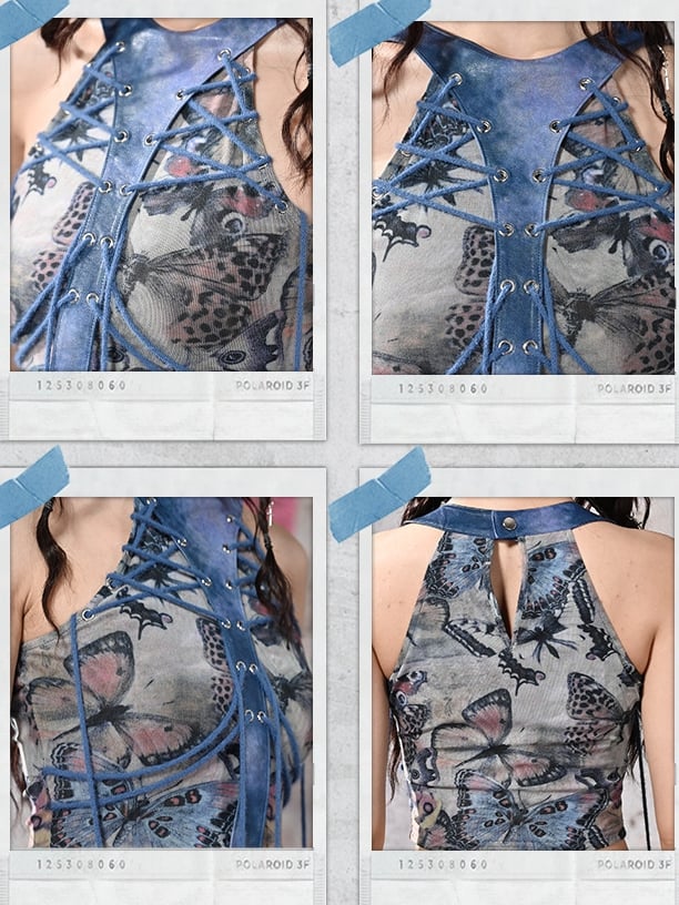 Grunge Punk Rock Fairycore Blue Butterflies Mesh Patchwork Halter Neck Top Lace-up Detail