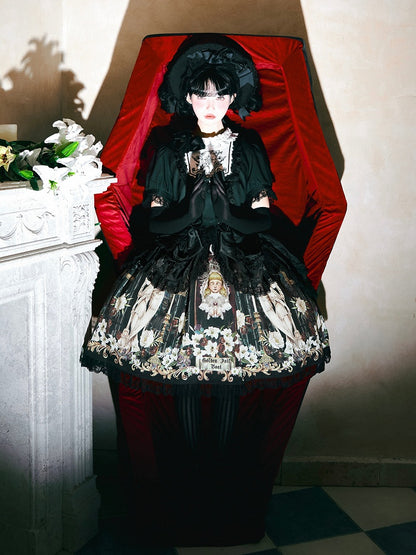 Robe noire à manches courtes style gothique lolita à imprimé poupée Lily et Puppet