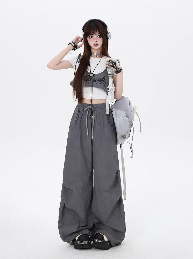 Asymmetrical Accessory Punk Waist Drawstring Waist Wasteland Gray Pants with