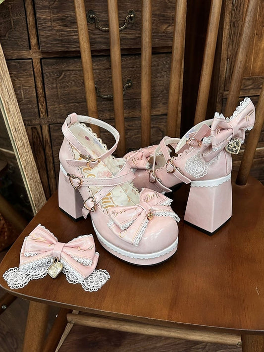 Block Bow Crisscross High Heels Buckles at Detachable Heart Design Pink Top