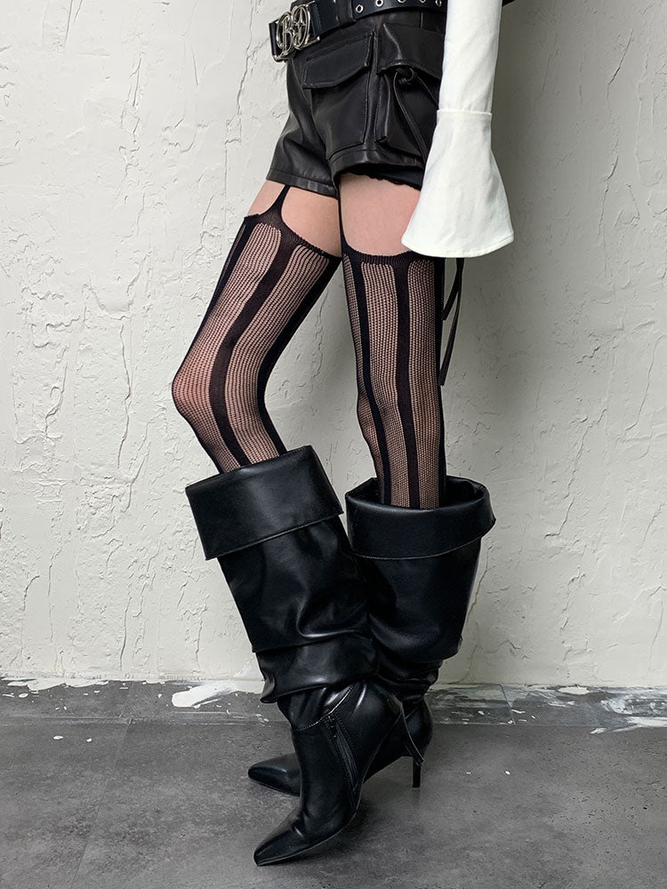 Punk Black Striped Cut-out Suspender Tights