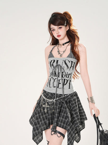 Faux Halter Two-pieces Letter Red/Gray Top Print