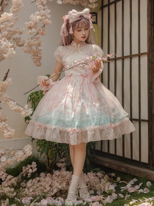 Robe Lolita rose à taille basque, imprimé pêche et fleurs de pêcher JSK