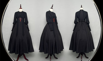 Stickerei Nonne Halloween Ärmeln Leg-of-Mutton Kleid Schwarz Outfits Lolita Kreuz