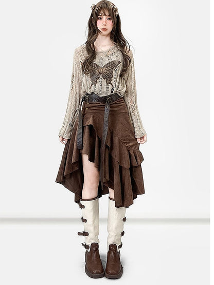 Coffee Hem Wasteland Asymmetrical Skirt Brown Punk