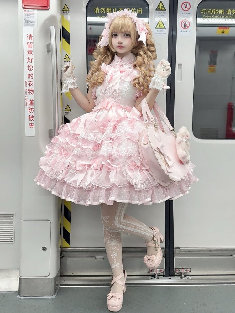 Princess Skirt Hanayome Pink Jumper Dress Decoration Layered Lolita White Heart-shaped and Bows