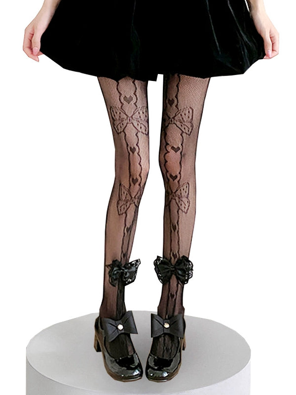Collants résille noirs/blancs avec nœud blanc crème décoré de nœud et de cœur