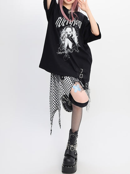 Y2K Black Snap Details Neckline Anime Print Girl Loose T-shirt