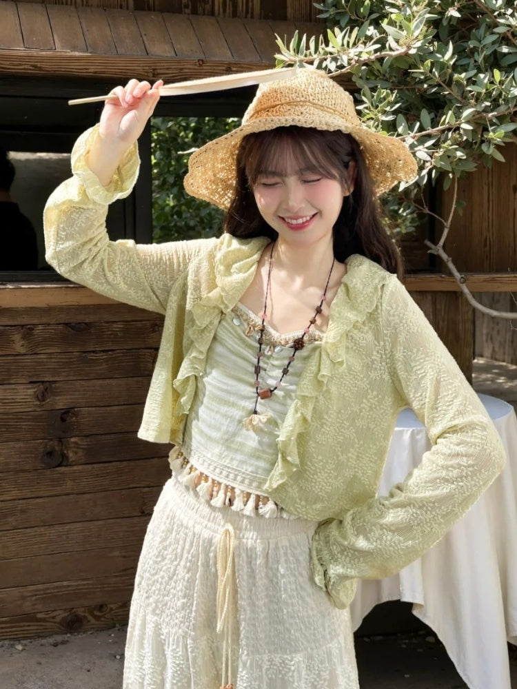 Kawaii Lace Cardigan Green Ruffled Hem Hollow-out Yume