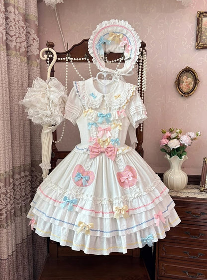 Bowknots White Ruffled Lace Trim Bonnet Macaron Color