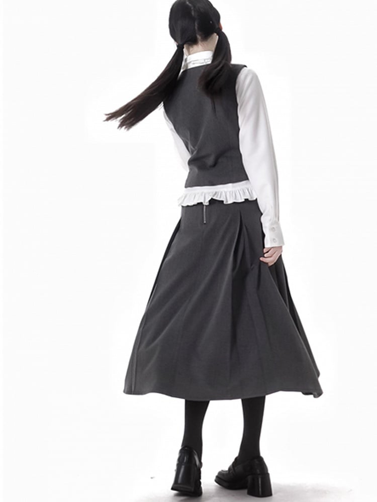 ダークグレーのリボン結びレーストリムボックスプリーツロングスカート（バックルベルト付き）