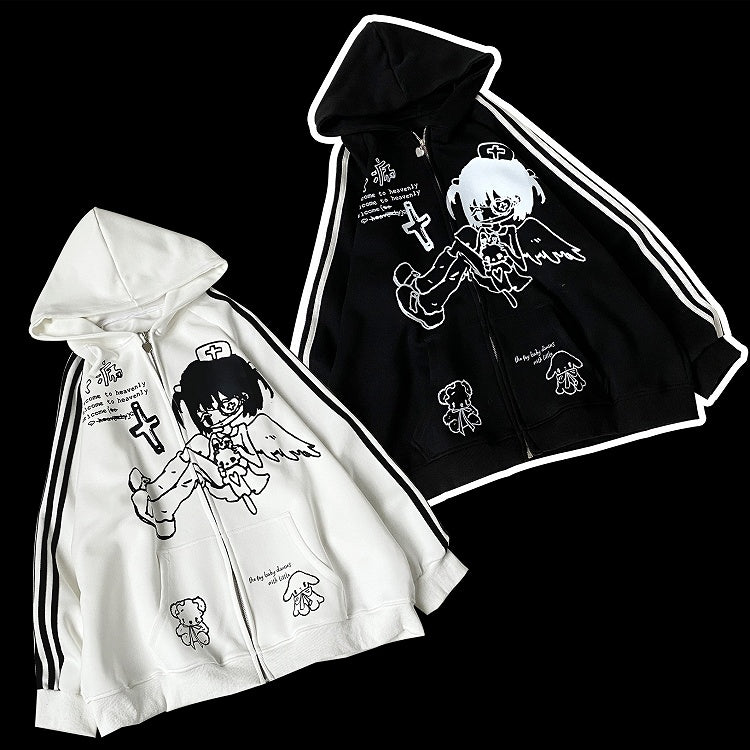 Jirai Kei White/Black Yami Kawaii Angel Girl Zip Hoodie