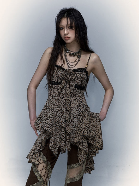 and Hem Trim Slip Y2K Punk Lace Dress with Leopard Handkerchief