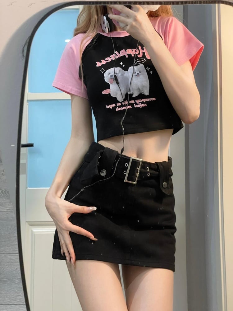 Black Pink Cute Puppy Print Cropped Top