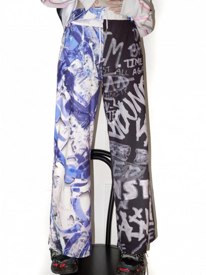 Wide-leg Pants Letter Y2K BlueBlack Print Cut