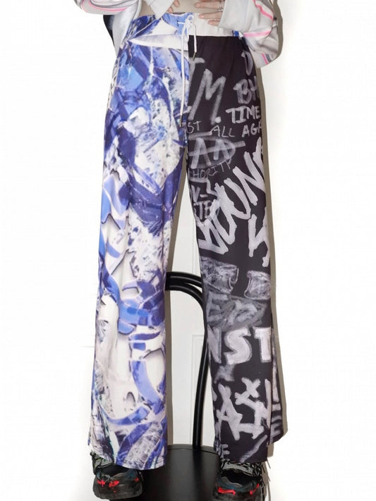 Wide-leg Pants Letter Y2K BlueBlack Print Cut