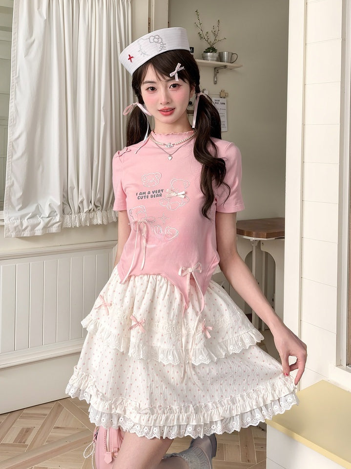 T-Shirt Hem Curved Pink Ruffle Neckline Teddy Bear Rhinestones Bowknot Accents