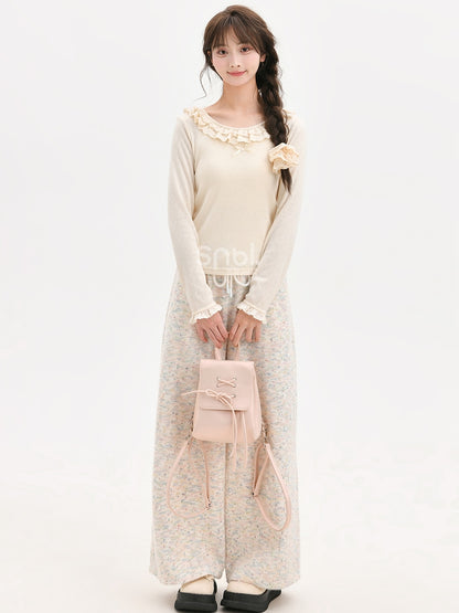 Beige Lace Trim Round Neck Slim-fit Top