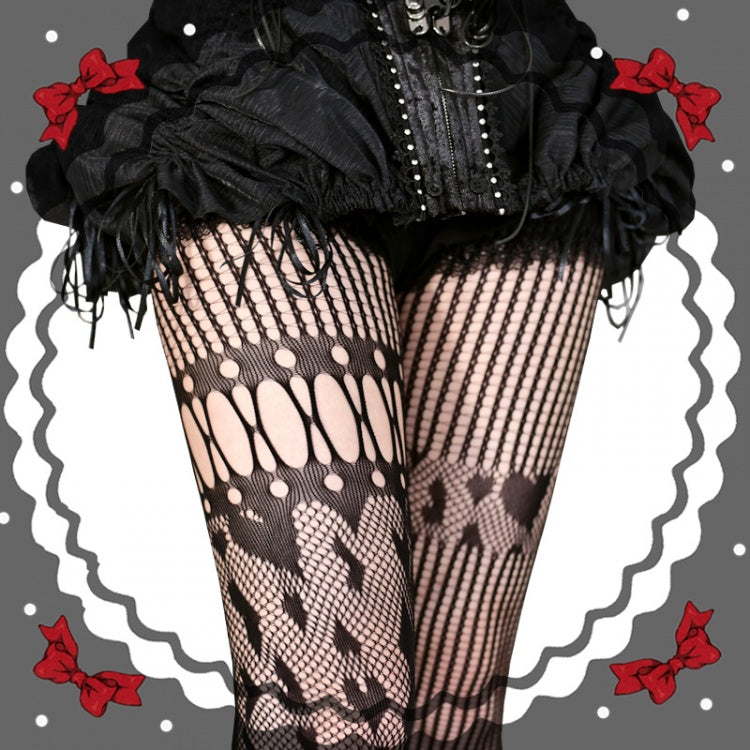 Black / Red / White Heart Pattern Asymmetrical Fishnet Tights